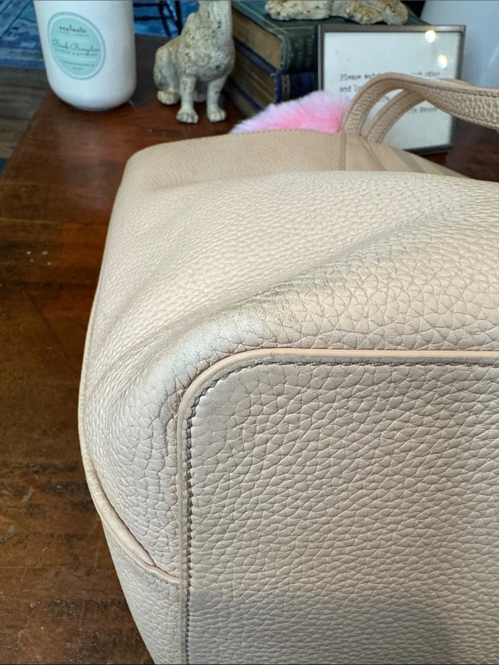 Tory Burch Pebbled Leather Tote with Pink Fur Charm